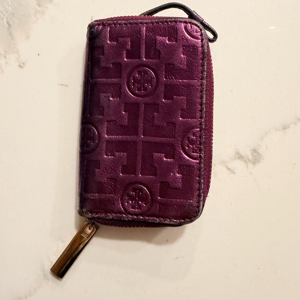 Tory Burch Embossed Leather Zip Card Case - Berry Plum